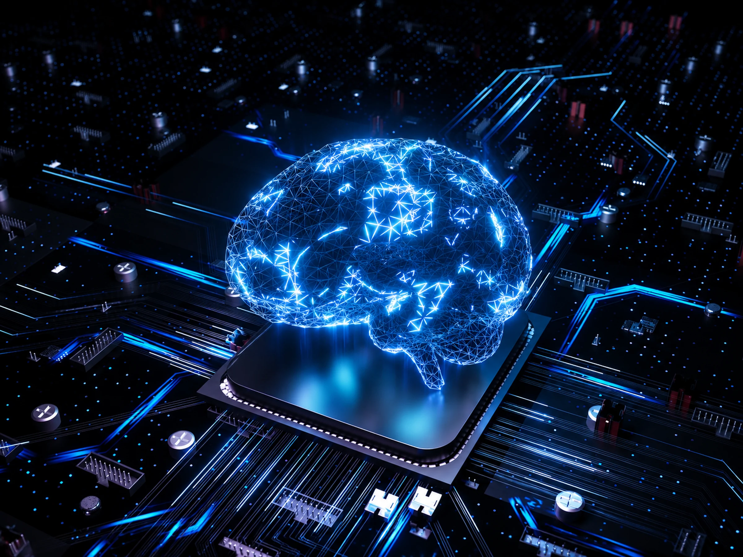 Concept illustration of an illuminated neural-network brain atop a microchip and interconnected circuitry