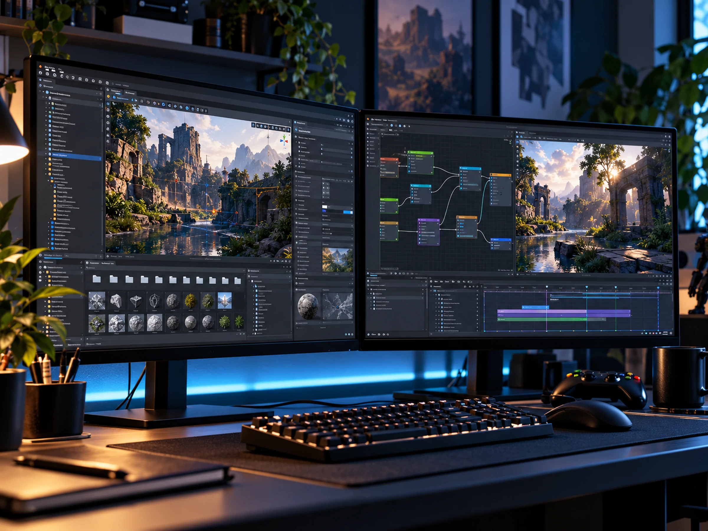 Concept image of a game development workstation with detailed game-world scenes displayed on two monitors