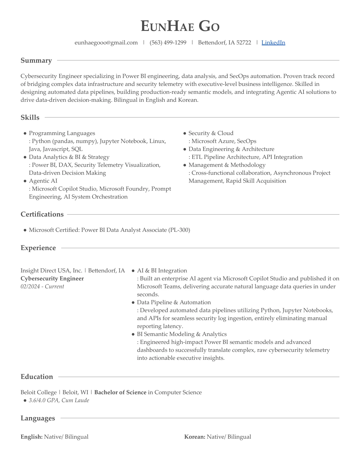 Full original EunHae Go resume, one page